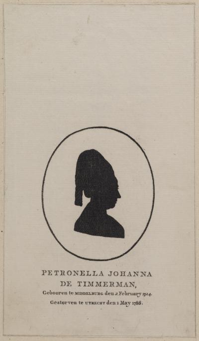 Silhouet van Petronella Johanna de Timmerman. In: J.F. Hennert (red.), Nagelaatene gedichten. Utrecht: A. van Paddenburg, 1786.