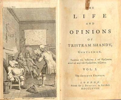 Frontispiece en titelblad van het eerste deel van Laurence Sterne's 'The Life and Opinions of Tristram Shandy', 1768.