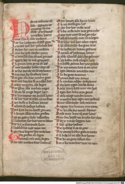 Eerste pagina van het enige volledig overgeleverde manuscript van 'Alexanders geesten'.