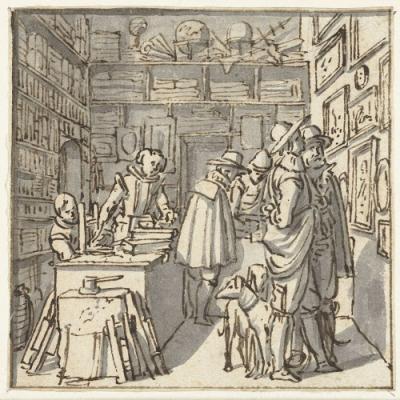 Interieur van een boekhandel in de 17e eeuw