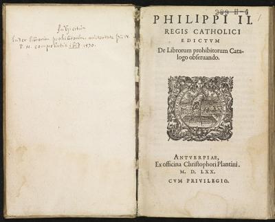Titelblad van het Edict van Filips II over de Index van verboden boeken.