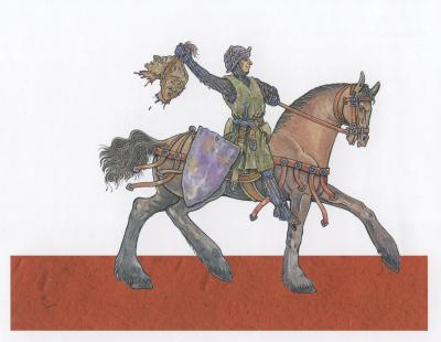 Ferguut die in een verroest harnas op zijn boerenpaard Camelot binnenrijdt.