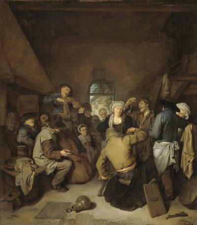 Een herberg vol boeren die muziek maken en zingen. Musicerende en dansende boeren, Cornelis Pietersz. Bega, 1650-1664. Collectie Rijksmuseum Amsterdam.