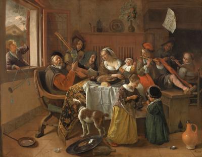 Een schilderij van Jan Steen waar muziek in zit. Het vrolijke huisgezin, Jan Havicksz. Steen, 1668. Collectie Rijksmuseum Amsterdam.