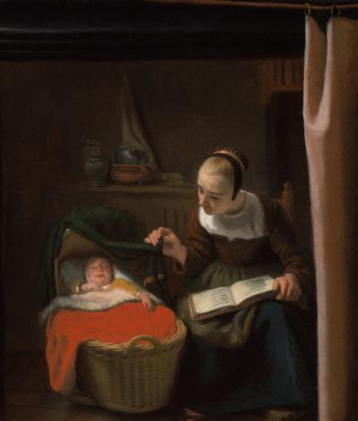 Een jonge moeder zingt haar baby toe. Jonge vrouw bij de wieg, Nicolaes Maes, 1652-1662. Collectie Rijksmuseum Amsterdam.