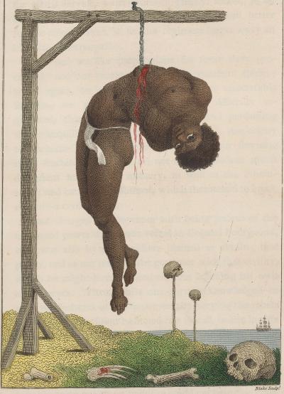 Een slaafgemaakte, hangend aan een galg. Afbeelding uit J.G. Stedman, Narrative of a five years' expedition against the revolted negroes of Surinam. London, 1796.