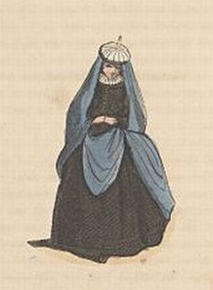 Illustratie van een 17e-eeuwse vrouw uit Nederlandse vrouwen. Een boekje voor meisjes (1855). Overgenomen uit het lemma over Elisabeth Hoofman in Digitaal Vrouwenlexicon van Nederland.