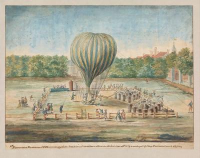 Oplaten van de luchtballon van Blanchard te Den Haag in 1785, G. Carbentus, 1785