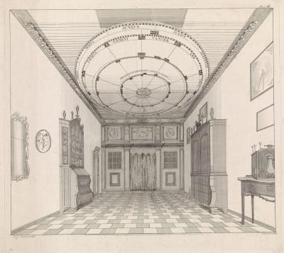 Interieur met het bewegende planetarium van Eise Eisinga in zijn huis te Franeker, Barentie Willem Dietz, naar Klaas Joh. Sannes, 1824