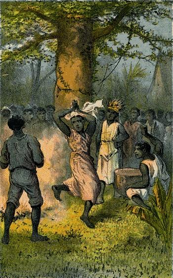 Illustratie bij hoofdstuk VIII: de slaven nemen dansend afscheid van de boom.