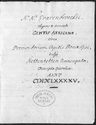 De titelpagina van Grevenbroeks brief, die wordt bewaard in de Nationale bibliotheek van Zuid-Afrika in Kaapstad