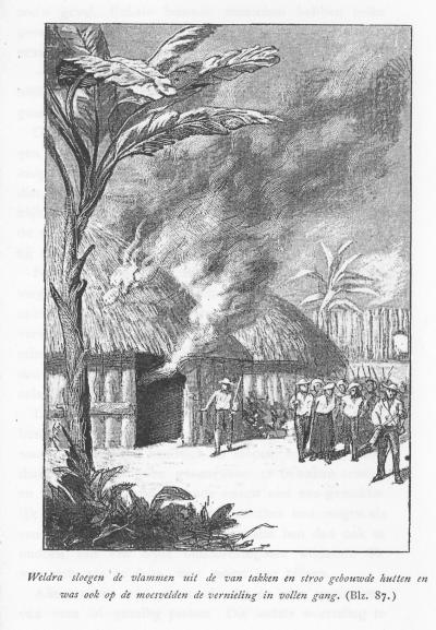 Illustratie uit het boek: de hutten staan in brand