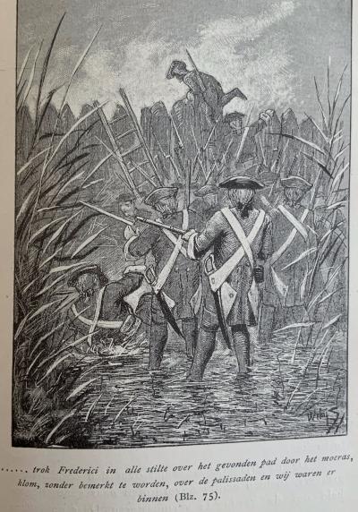 Illustratie uit het boek: de soldaten waden door het moeras en klimmen over de palissaden van een Marron-dorp