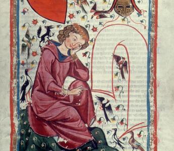 Hendrik van Veldeke, miniatuur uit de beroemde Codex Manesse. Hs. Heidelberg, Universitätsbibliothek, Cod. Pal. Germ. 848, f. 30.