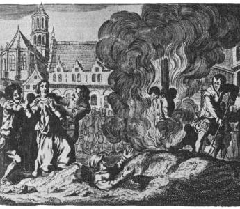   De Inquisitie in Gent brengt protestanten om het leven door hen te verbranden en levend te begraven.  T. de Vries, Ketters. 1982, p. 595. (Uit: J. Gysius, Historiën der vromer martelaren.)