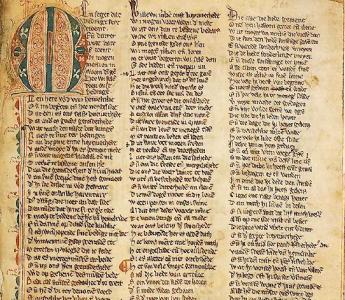 Een bladzijde uit de beroemde Lanceloetcompilatie, waarin Lanceloet en het hert met de witte voet bewaard is. Hier is met een grote initiaal het begin van Arturs doet aangegeven, een van de negen andere teksten in dit handschrift.  Hs. Den Haag, Koninklijke Bibliotheek, 129 A 10, fol. 201r.