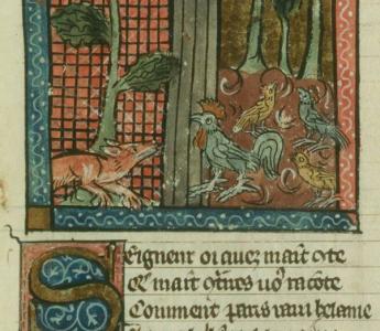 Reinaert loert op een lekker maaltje. Openingsminiatuur uit een handschrift van de Franse Roman de Renart van Pierre de Saint-Cloud.