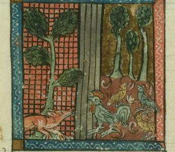 Reinaert loert op een lekker maaltje. Openingsminiatuur uit een handschrift van de Franse Roman de Renart van Pierre de Saint-Cloud.