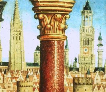 Zicht op de stad Brugge aan het einde van de vijftiende eeuw.  Brugge, Sint Jacobskerk. Retabel van St. Nicolaas, Meester van de Lucialegende, Brugge, laatste kwart 15e eeuw.