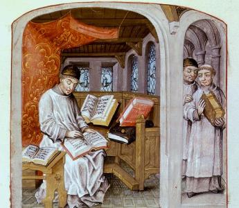 Aan de linkerzijde zit Thomas van Kempen te schrijven. Rechts is Thomas opnieuw afgebeeld, nu samen met een andere kloosterling. Miniatuur in een handschrift met De imitatione Christi.  Hs. Wenen, Österreichische Nationalbibliothek, Cod. 1576, f. 9r.