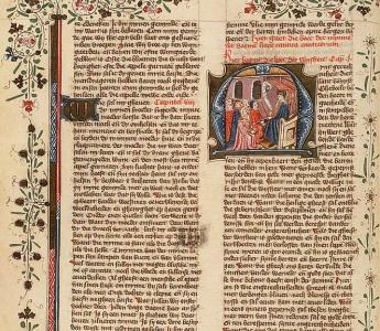Leraar onderwijst zijn leerlingen. De bijbelse koning Salomo afgebeeld in een middeleeuwse bijbel.  Hs. Den Haag, Koninklijke Bibliotheek, 78 D 38 II.