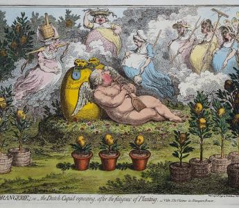  Stadhouder Willem V afgebeeld als een ordinaire hoerenloper in The Orangerie; - or – the Dutch Cupid reposing, after the fatigues of planting (1796).  Fashionable Contrasts. Caricatures by James Gillray. London 1966