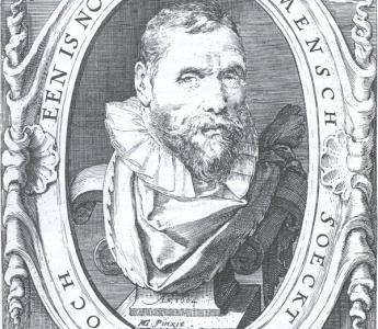Portret van Karel van Mander. Deze gravure werd afgedrukt in Het Schilder-Boeck.  Portret Van Mander. O.a. in: Het Schilder-Boeck. Ed. A.F. Mirande en G.S. Overdiep, 1943, Wereldbibliotheek, A’dam, p. 10. [Dit is een scherpe afdruk] [KB Den Haag 347 G 15]