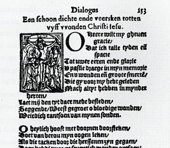 Het gotische lettertype op deze pagina uit Het Prieelken der Gheestelyker Wellusten werd in de zestiende en zeventiende eeuw veel gebruikt, bijvoorbeeld in het onderwijs.  M.A. Schenkeveld-van der Dussen e.a., Met en zonder Lauwerkrans p.135