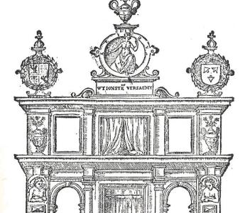 Podium van het Antwerpse Landjuweel van 1561. Bovenaan staat de spreuk van de rederijkerskamer De Violieren: ‘Wt ionsten versaemt’ (‘Uit genegenheid [voor de kunst] samengekomen’).