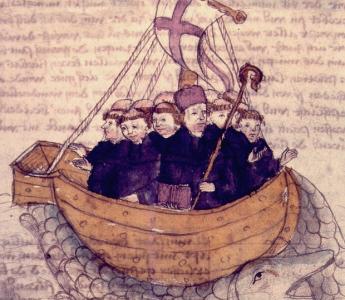   Brandaan is met zijn bootje geland op een vis. Pentekening uit een handschrift met een Duitse prozaversie van de Reis.  Hs. Heidelberg, Universitätsbibliothek, Cod. Pal. Germ. 60, f. 179v.