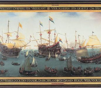 Schilderij van de terugkeer van de eerste vloten uit Azië in de Amsterdamse haven in 1599.