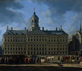 Het Amsterdamse stadhuis torende als grootste gebouw van de stad boven alles uit.  Amsterdams Historisch Museum B 1160. Frontaal.