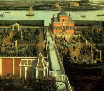 Veel van de mooiste buitenplaatsen lagen aan het water, zoals hier rond 1660 bij Haarlem.  A.J. Gelderblom (samenst.), 'k Wil rijmen wat ik bouw. Twee eeuwen topografische poëzie.. 1994, omslag.