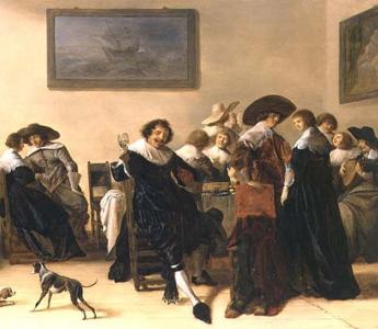 Zeventiende-eeuwers zongen en speelden vaak bij elkaar thuis, zoals deze etende en musicerende groep op een schilderij van Anthonie Palamedesz uit 1632. De vrouw rechts bespeelt een luit.