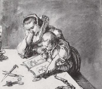 Een moeder zit met haar zoon gebogen over een schetsboek; op tafel ligt o.a. een passer. Tekening van Jacques de Gheyn II (ca. 1600)