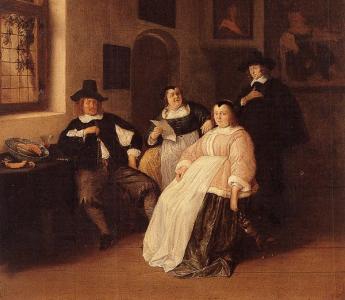 Catharina Questiers (midden, met papier) tussen haar zus Maria en haar zwager Hendrik de Goyer.