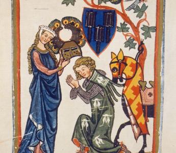 Een hoofse ridder krijgt van zijn dame zijn toernooihelm aangereikt. Miniatuur uit de beroemde Codex Manesse.  Hs. Heidelberg, Universitätsbibliothek, Cod. Pal. Germ. 848, f. 82v.