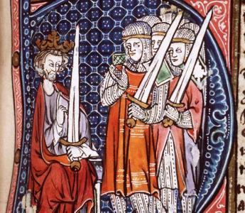 Tronende vorst (keizer Honorius?) die zeven ridders toespreekt.