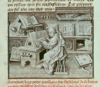 De beroemde kopiist en vertaler Jean Mièlot aan het werk, omringd door boeken en alles wat hij nodig heeft bij het schrijven. Meer over Mièlot en het werk van een kopiist in het scriptorium.  Hs. Parijs, Bibliothèque nationale de France, ms. fr. 9198, f. 19r.