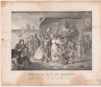 Scène uit het toneelstuk 'Het dorp aan de grenzen' van Jacob van Lennep, voor het eerst opgevoerd in de Amsterdamse Stadsschouwburg op 22 december 1830. Prent van Pieter Fontijn. Rijksmuseum.