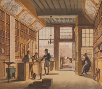 De winkel van boekhandelaar Pieter Meijer Warnars op de Vijgendam in Amsterdam, Johannes Jelgerhuis, 1820. Amsterdam, Rijksmuseum.