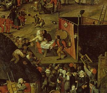 Detail uit het schilderij “Boerenkermis met een opvoering van de klucht ‘Een cluyte van Plaeyerwater’” van Pieter Baltens 