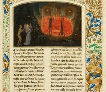 Tondalus komt op zijn reis door de onderwereld langs de poort van de hel, hier uitgebeeld door de muil van het monster Acheron. De miniatuur is in 1475 geschilderd door Simon Marmion voor Margareta van York, de vrouw van hertog Karel de Stoute.  Hs. Los Angeles, Getty Museum, Ms. 30, f. 17r.