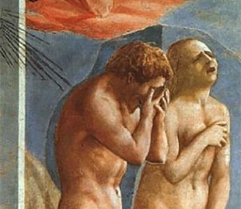 De verdrijving van Adam en Eva uit het Paradijs. Fresco uit ca. 1427 van Masaccio in de Brancacci kapel van de Santa Maria del Carmine in Florence.  Florence, Brancacci kapel, Santa Maria del Carmine