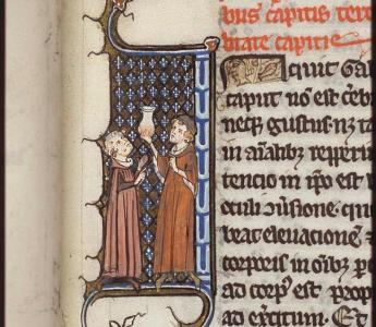 Een arts die een leerling instrueert. Uit: De corporis aegritudinibus. Den Haag, Meermanno 10 B 24, fol. 8r