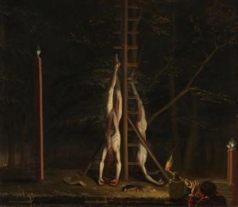 Schilderij van Jan de Baen: De verminkte lijken van de gebroeders De Witt, opgehangen op het Groene Zoodje aan de Vijverberg te Den Haag, 1672. Collectie Rijksmuseum Amsterdam