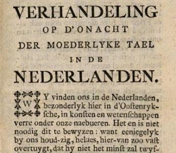 Eerste pagina van de Verhandeling op d’onacht der moederlyke tael in de Nederlanden (1788) door Jan-Baptist Verlooy