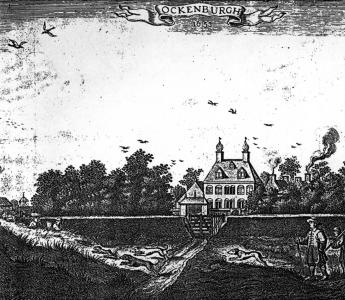 Tekening van het eerste landhuis Ockenburgh met op de voorgrond de Zwarte (oude) Duinen