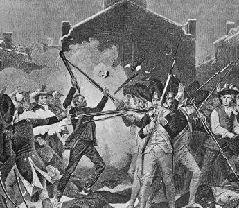 Afbeelding uit 1896 met het bloedbad in Boston in 1770 dat deel uitmaakte van de Amerikaanse Revolutionaire Oorlog