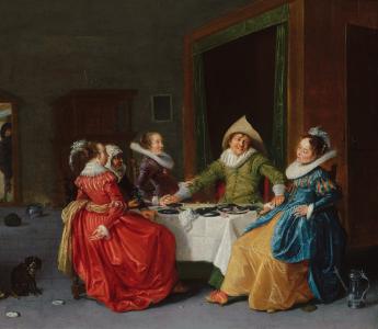 Schilderij: 'Vrolijk gezelschap in een bordeel' van Hendrick Pot (c. 1585 - 1657). Mauritshuis Den Haag.